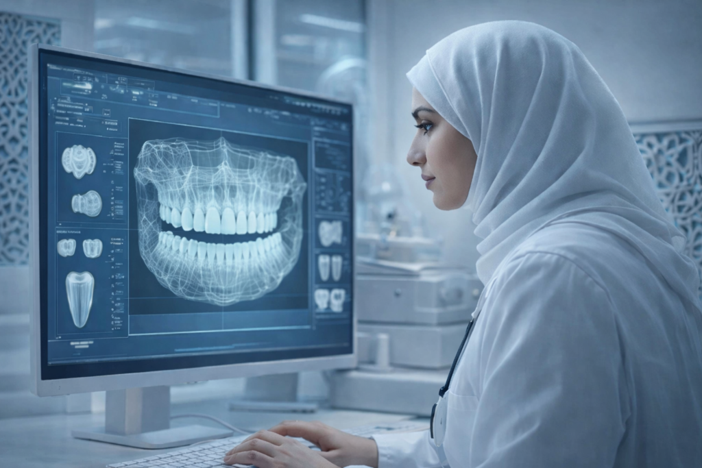 “Dentist analyzing digital dental X-ray using advanced technology”